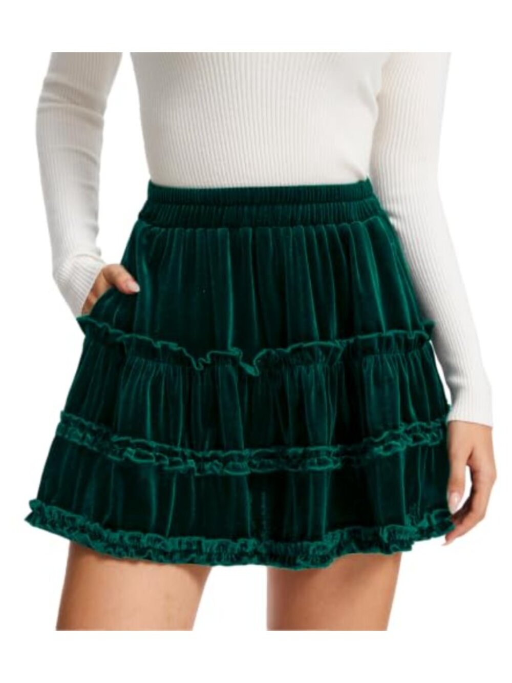 Women's Velvet Tiered Skater Mini Skirt with Pockets